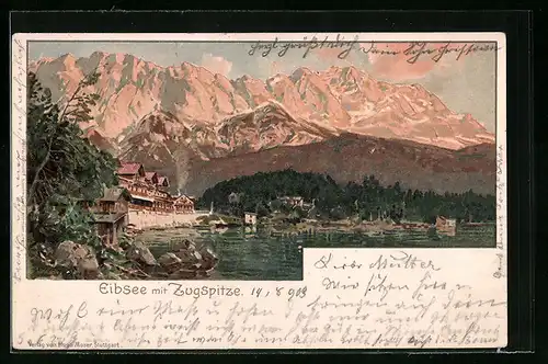 Lithographie Eibsee, Ortsansicht mit Zugspitze