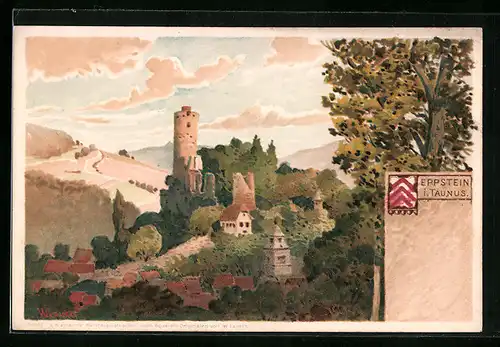 Lithographie Eppstein i. Taunus, Panorama mit Burgruine