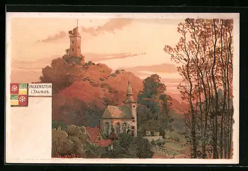 Lithographie Falkenstein i. Taunus, Ortsansicht mit Blick auf eine Burg