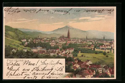Lithographie Freiburg, Panorama mit den Bergen im Hintergrund