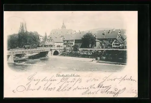 AK Untertürkheim, Flusspartie mit Brücke und Gebäuden