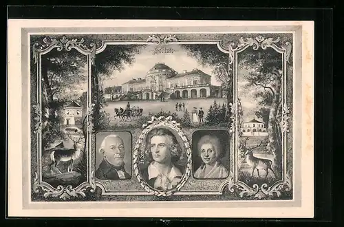 AK Stuttgart, Das Lustschloss Solitude, Porträts von Fr. Schiller und seinen Eltern