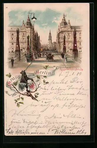 Lithographie Berlin, Kutschen und Passanten auf der Kaiser-Wilhelm-Brücke, Kaiser-Wilhelm-Strasse