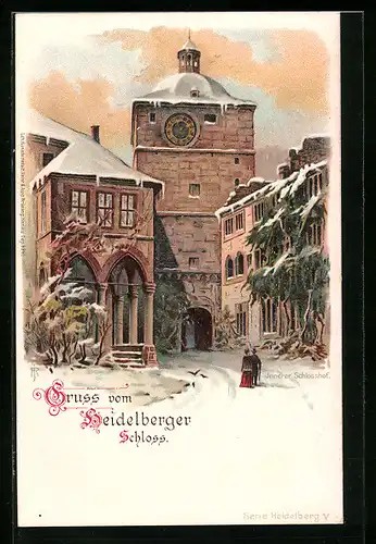 Lithographie Heidelberg, Heidelberger Schloss im Schnee