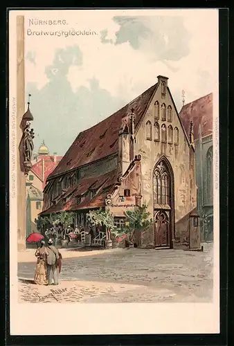 Lithographie Nürnberg, Partie am Restaurant Bratwurstglöcklein