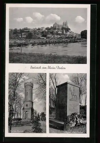 AK Breisach am Rhein /Baden, Uferpartie, Tulla-Turm, Jäger-Denkmal