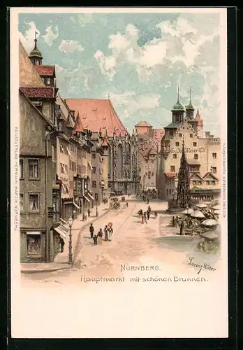 Lithographie Nürnberg, Hauptmarkt mit dem schönen Brunnen