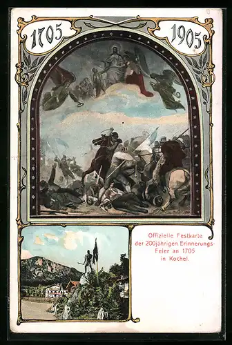 AK Kochel, Festkarte der 200 jährigen Erinnerungs-Feier an 1705, Jesus wacht über kämpfende Soldaten