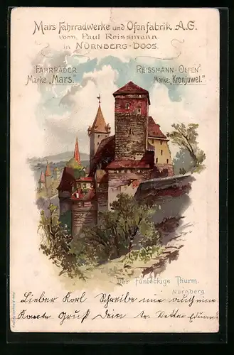 Lithographie Nürnberg-Doos, Mars Fahrradwerke & Ofenfabrik AG, Der Fünfeckige Turm, Reklame für Reissmann-Ofen Kronjuwel