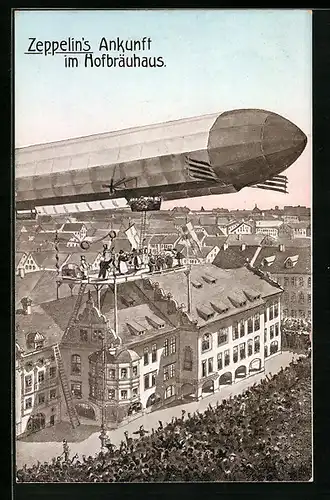 Künstler-AK München, Zeppelins Ankunft im Hofbräuhaus