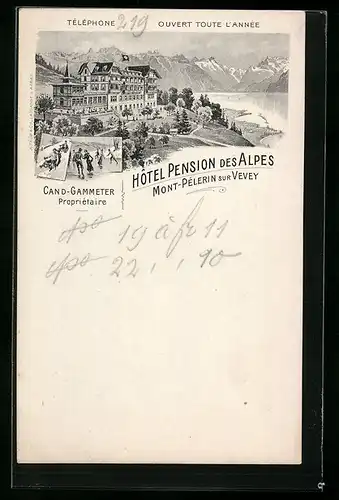 Lithographie Vevey, Hôtel Pension des Alpes, Mont-Pélerin, Inh.: Cand-Gammeter