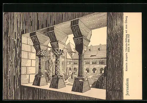 Künstler-AK Jerusalem, Kaiserin Auguste Viktoria-Stiftung auf dem Ölberg, Blick in den Hof