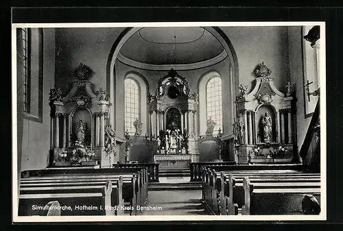 AK Hofheim i. Ried /Kreis Bensheim, Simultankirche, Innenansicht