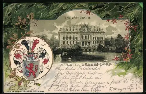 Passepartout-Lithographie Düsseldorf, Ständehaus mit Teich, Wappen