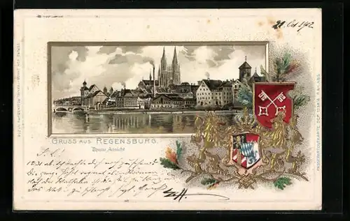 Passepartout-Lithographie Regensburg, Ansicht der Stadt von der Donau aus, Wappen
