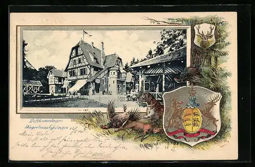 Passepartout-Lithographie Esslingen, Hotel Luftkuranlagen Jägerhaus, Wappen, Hund mit Jadgbeute