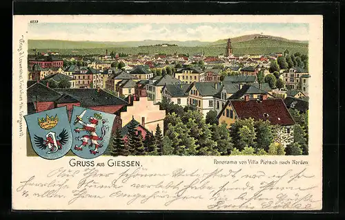 Lithographie Giessen, Panorama von Villa Pietsch nach Norden, Wappen