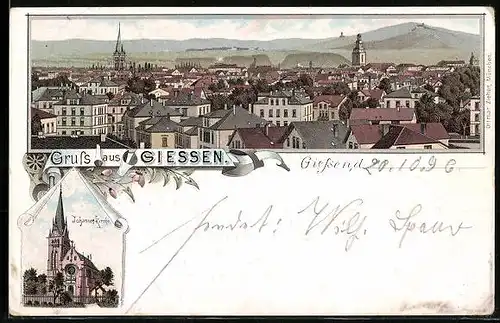 Lithographie Giessen, Teilansicht aus der Vogelschau, Johannes-Kirche