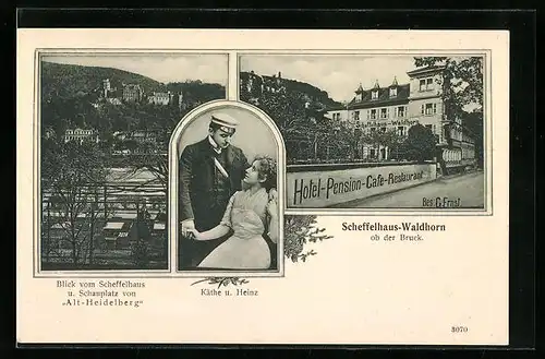 AK Heidelberg, Hotel-Restaurant Scheffelhaus Waldhorn ob der Bruck, mit Garten, Ortsansicht