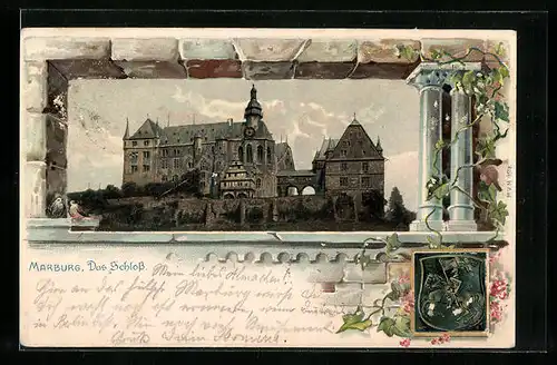 Passepartout-Lithographie Marburg, Ansicht vom Schloss, Wappen