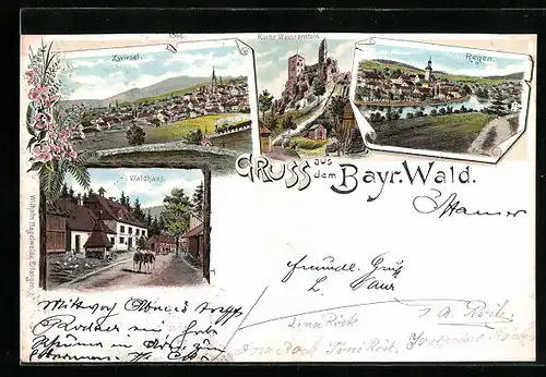 Lithographie Zwiesel, Gaststätte Waldhaus, Burg Weissenstein, Ortsansichten Zwiesel und Regen