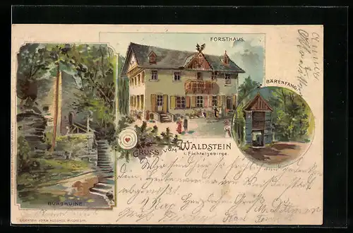 Lithographie Zell / Obfr., Gasthof Forsthaus auf dem Waldstein, Bärenfang, Burgruine