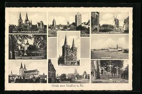 AK Xanten /Rhein, Dom und Karthäuser Kloster, Clevertor, Mühle a.d. Stadtmauer, Rheinpartie