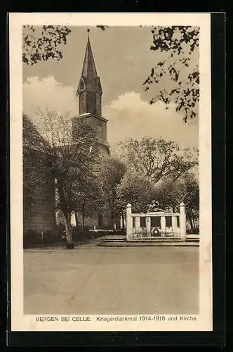 AK Bergen bei Celle, Kriegerdenkmal 1914-1918 und Kirche