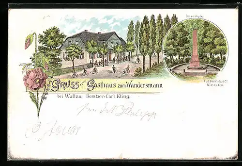 Lithographie Wallau, Gasthaus zum Wandersmann, Ehrensäule