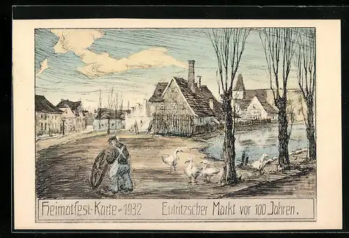 Künstler-AK Eutritzsch, Festpostkarte Heimatfest 1932, Markt vor 100 Jahren