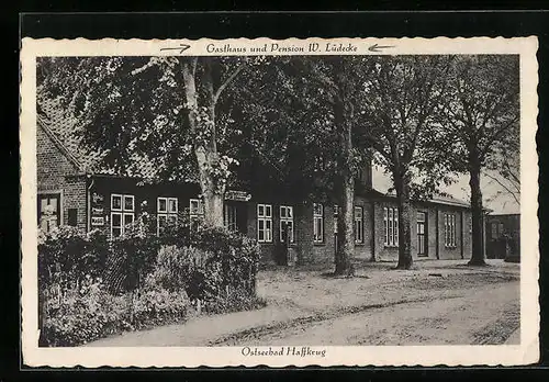 AK Haffkrug /Ostsee, Gasthaus Pension W. Lüdecke mit Strasse