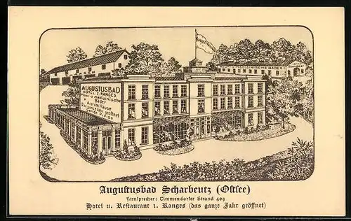 Künstler-AK Scharbeutz /Ostsee, Hotel Augustusbad mit Garagen und Bädern aus der Vogelschau