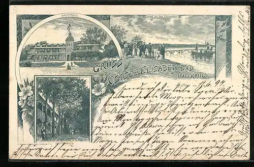 Lithographie Haffkrug, Elisabeth-Bad mit Strand und Prinzenhaus