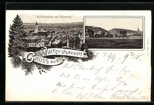 Lithographie Waltershausen, Panorama, Ortsansicht vom Tenneberg