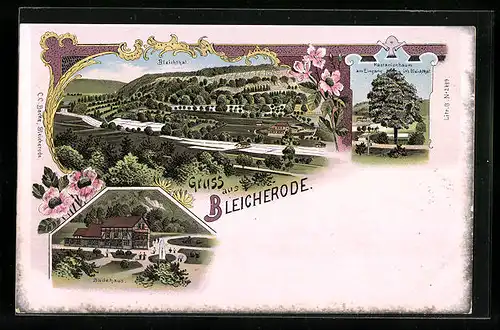 Lithographie Bleicherode, Badehaus, Bleichtal, Kastanienbaum am Eingang zum Bleichthal