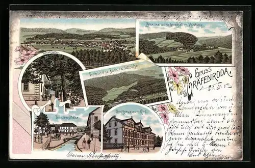 Lithographie Gräfenroda, Gasthaus Felsenkeller, Lindenplatz, Gasthaus zum Ried, Gesamtansicht