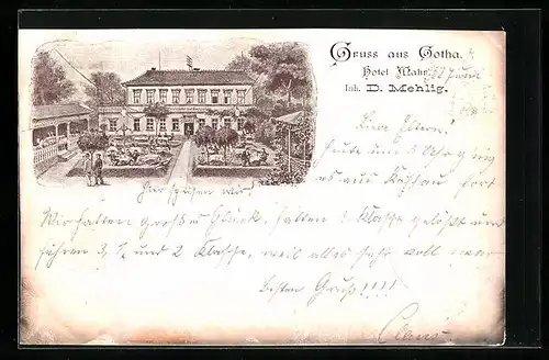 AK Gotha, Hotel Mahr D. Mehlig mit Garten aus der Vogelschau