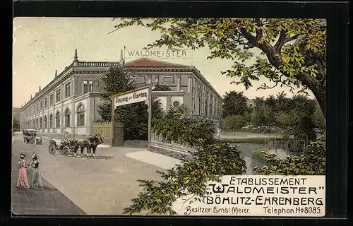 AK Böhlitz-Ehrenberg, Gasthaus Etablissement Waldmeister E. Meier mit Strasse und Garten