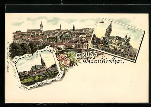 Lithographie Neunkirchen, Teilansicht, Katholische Kirche, Untere evangelische Kirche