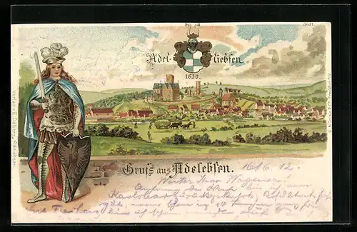 Lithographie Adelebsen, Ortsansicht anno 1650, Wappen