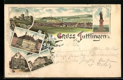 Lithographie Tuttlingen, Rathaus, Haupt-Bahnhof, Max Schneckenburger Denkmal
