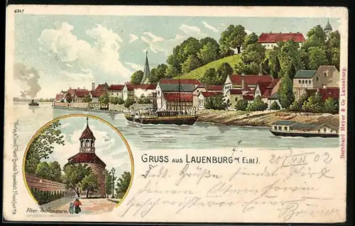 Lithographie Lauenburg a. d. Elbe, Alter Schlossturm, Uferpartie mit Salondampfer