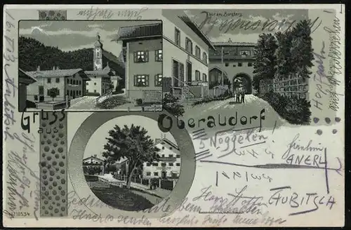 Mondschein-Lithographie Oberaudorf, Tor am Burgberg, Strassenpartien