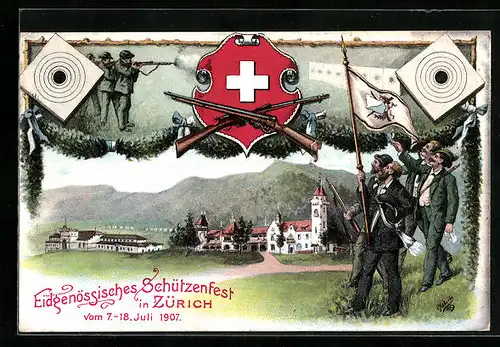 Künstler-AK Zürich, Eidgenössisches Schützenfest 1907, Schützen und Zielscheiben