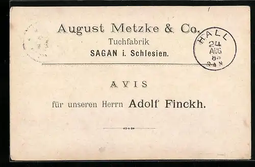 Vorläufer-AK Sagan, 1885, Korrespondenzkarte August Metzke & Co. Tuchfabrik
