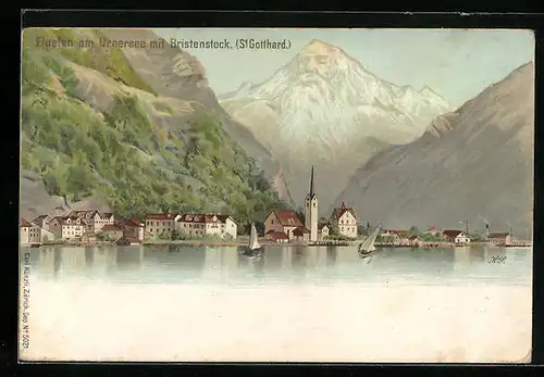 Lithographie Fluelen am Urnersee, Ortsansicht mit Bristenstock, St. Gotthard, Berggesichter