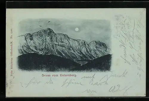 Lithographie Gruss vom Untersberg, Berg mit Gesicht / Berggesichter