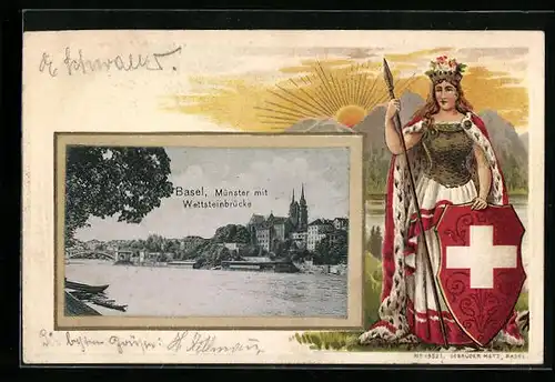 Präge-Lithographie Basel, Münster mit Wettsteinbrücke, Helvetia mit Speer und Schild