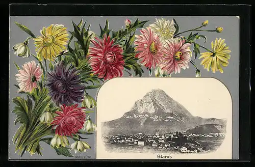 Präge-AK Glarus, Totalansicht, Blumenstrauss