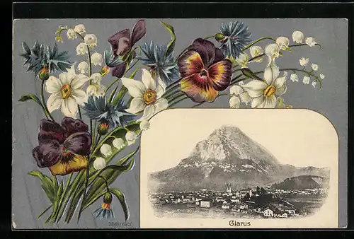 Präge-AK Glarus, Totalansicht mit Berg, Blumen